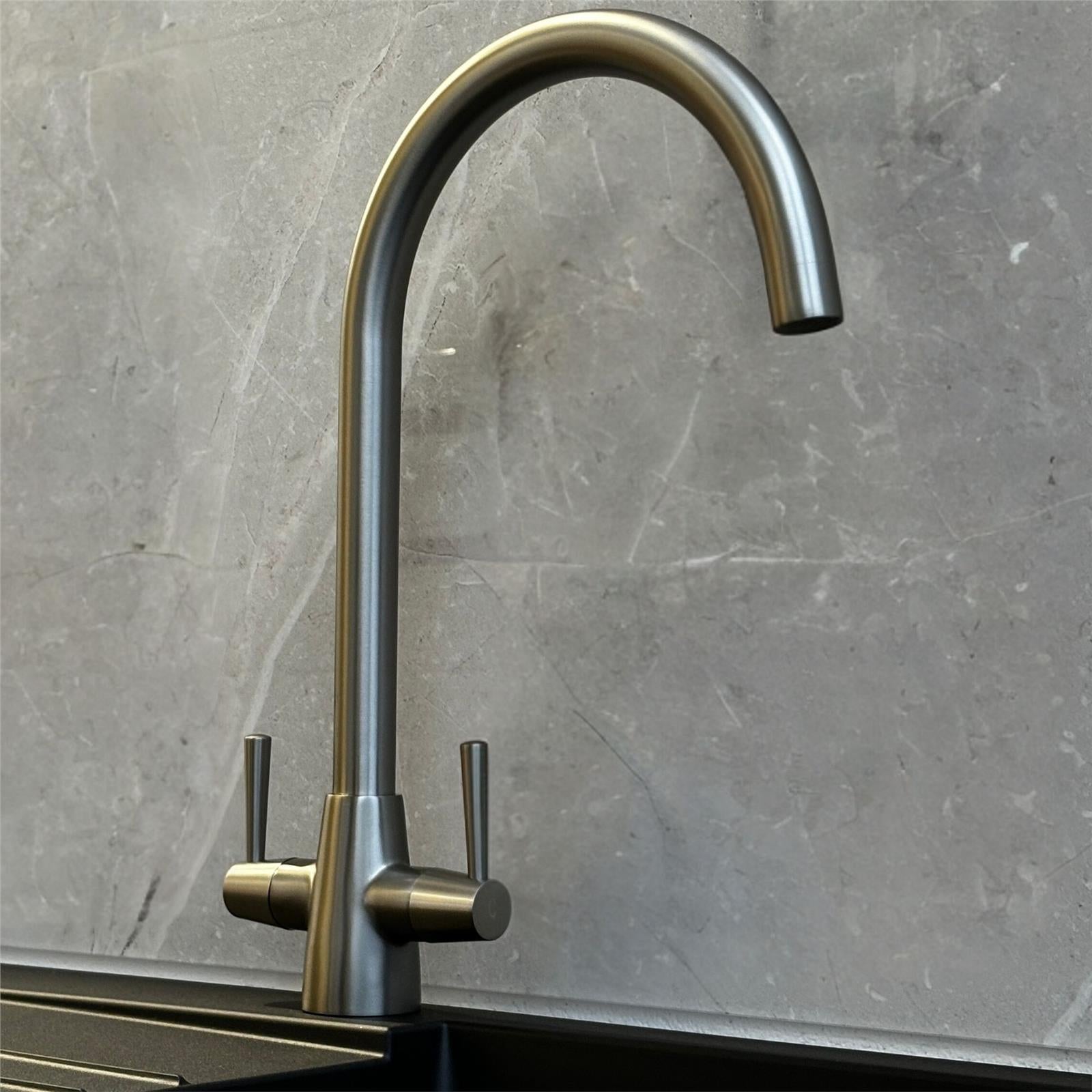 Liquida LU405BS Monobloc Swan Neck Twin Lever Brushed Steel Kitchen Mixer Tap
